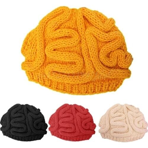 Funny Handmade Crochet Knit Beanie Hat Adult Kids Winter Personality Horrible Brain Solid Color Skull Cap Halloween Cosplay Prop