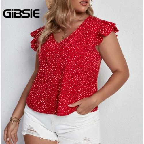 GIBSIE Boho Summer Polka Dot Butterfly Sleeve Blouse Women Plus Size V Neck Casual Sweet Ladies Blouses and Tops 2021 New
