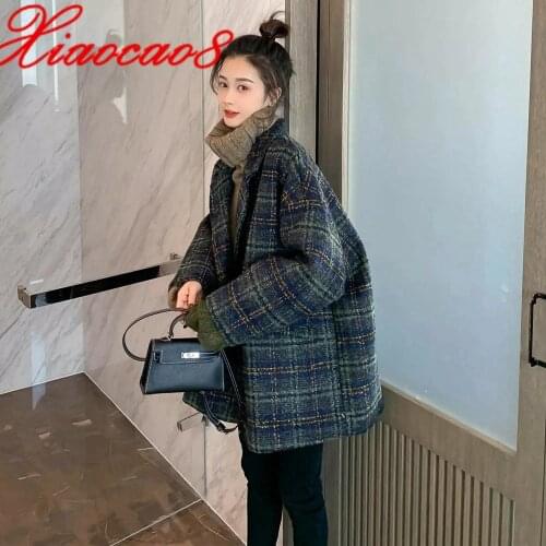 Women Winter Plaid Woolen Jacket Oversize Loose Cotton Padded Female Coat Korean Style Loose Outerwear Clothes Plus Size Jackets