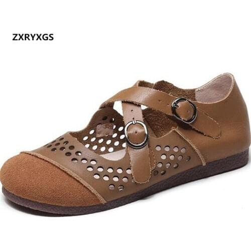 100% Genuine Leather Women Flat Shoes Breathable Hole Shoes Sandals 2020 Spring Summer Classic Retro Shoes Woman Casual Shoes