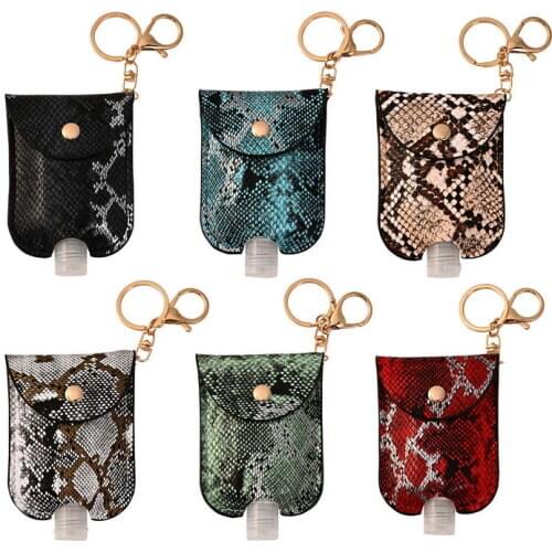 ZWPON 30ml PU Leather Sanitizer Holder Keychain Leopard Outdoor Travel Portable Disinfectant Keychain Perfume Empty Bottle