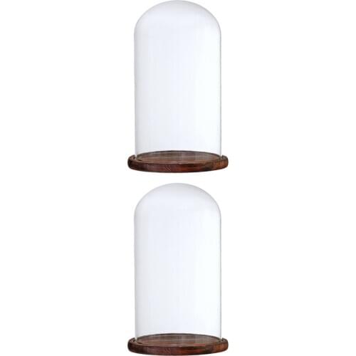 2Pcs 12x22cm Clear Glass Dome with Wooden Base for Home Wedding Party Centerpiece Display Stand DIY Decor ~Brown