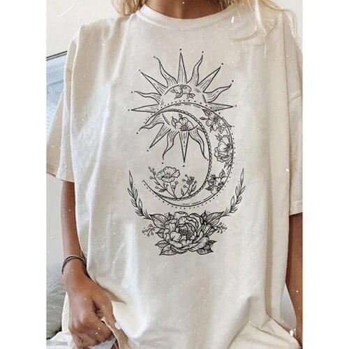 Harajuku White Graphic T Shirt Oversize Femme Women 2021 Sun Moon Flower Print Tops Tee Shirt Casual Loose Short Sleeve Tshirts