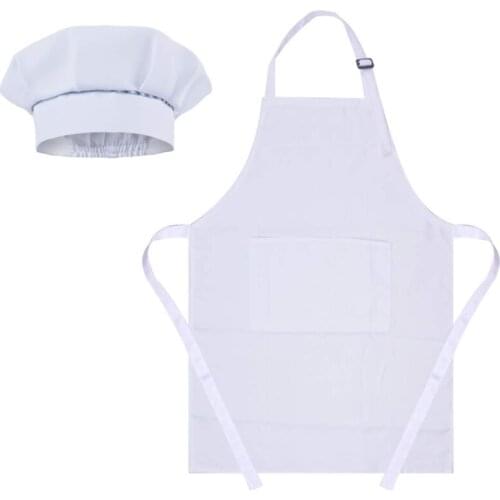 Children Kids Chef Costume Kitchen Mushroom Hat and Apron Set Solid Color Adjustable Bib with Pocket for Cooking Baking