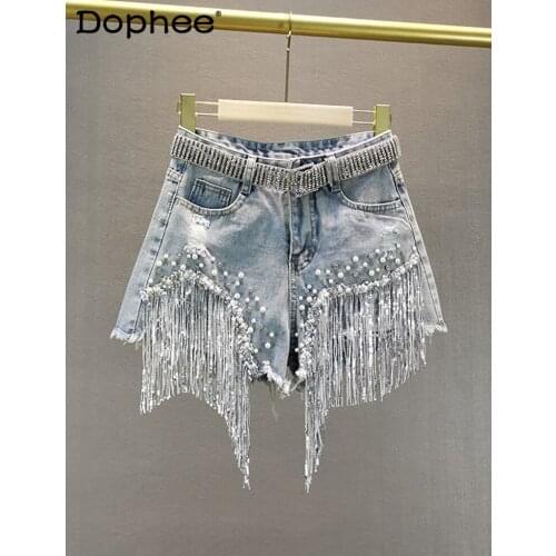 Denim Shorts for Women Summer New Fashion Short Pants High Waist Slimming Beaded Sequins Trousers Tassel Ripped Wide Leg Pants