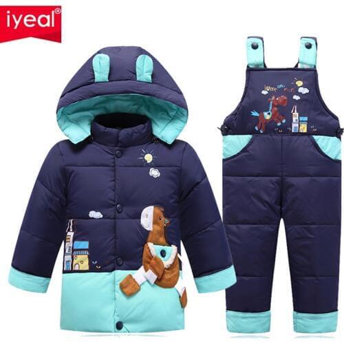 IYEAL Boys Snowsuit Cute Cartoon Warm Thick Baby Boy Winter Coat Kid Girls Down Jacket and Pants Children Clothes Outerwear