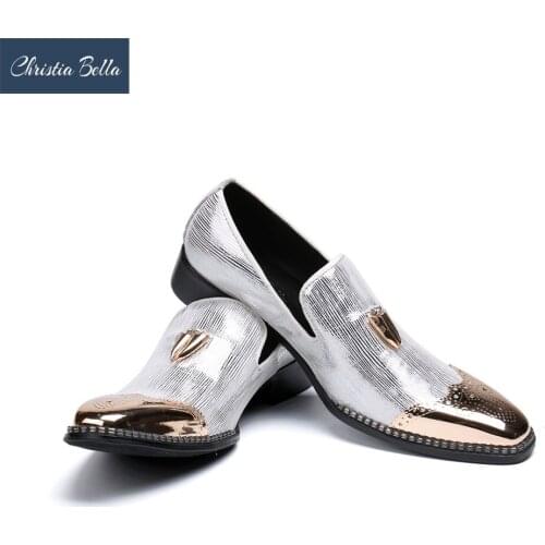Christia Bella Party and Banquet Men Dress Shoes Males Flats Handmade Men Shoes with Shark Tooth and Gold Toe Metal Loafers