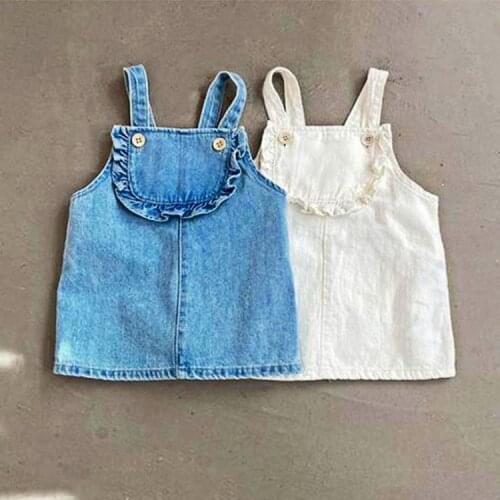 Childrens Korean summer new girls cute fungus lace denim strap dress flower girl dresses