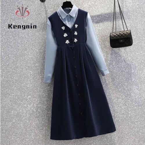 New 2021 Spring Oversize Cordury Women Dress Sets Vest Ladies Dress + Shirt Two Piece Sets Loose Female Clothing KE900