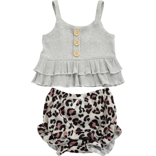 OPPERIAYA Baby Girls Summer Two Piece Casual Set Fashion Solid Color Ruffles Suspender T-shirt and Leopard Triangle Short Pants