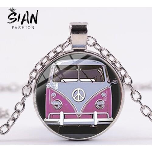 SIAN Peace Sign Pink Hippie Bus Van Necklace Vintage Hippy Cartoon Photo Glass Dome Pendant Handmade Kids Car Collectors Jewelry