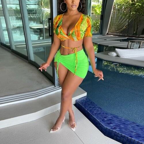 Sexy Skirts and Top Womens Mini Green Printed Crop Tops & Drawstring Short Skirt Bodycon Outfits Night Club Wear Sex Sets Hot