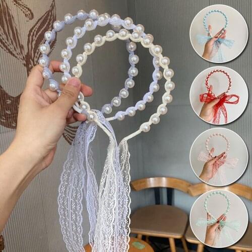 High Quality Retro Korean Style Lace Pearl Tie Bow Hair Band Elegant Headband Fairy Hairband Hairpin Headwear Hair Accessories