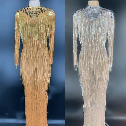 Transparent Mesh Long Dress Sexy Fringe Open Back Modern Singer Costume Silver/Gold Mirror Birthday Dress For Women Wear VDB3303