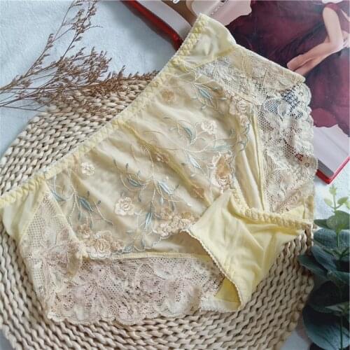 Sexy Lace Briefs for WomenThin Breathable Embroidered Print Ice Silk Mesh Hollow Briefs 420-1