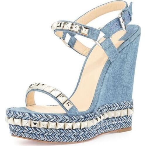 Summer Denim Blue Platform Wedge Sandals Rivets Studded Platform Shoes Rope Braided Ankle Strap Gladiator Heels Sandalias