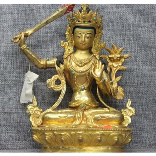 Tibet Pure Copper Bronze 24K Gold Kwan-yin Manjushri Manjuist Bodhisattva Statue