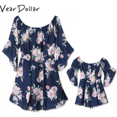 VearDoller Family Matching Outfits Fashion Off Shoulder Ruffles Mommy and Me Clothes Flower Dress Mom and Daughter Dress