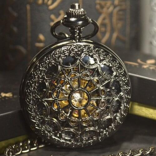 Vintage Black Classic Watches Antique Black Stainless Steel Mens Hand Winding Mechanical Pocket Watch Steampunk Women Gifts