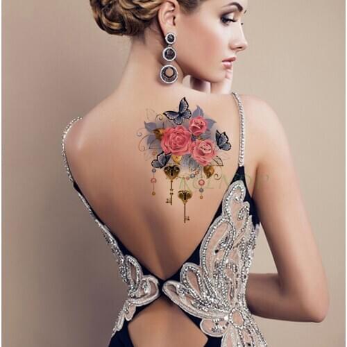 Waterproof Temporary Tattoo Sticker rose flower gold key butterfly necklace tattoos fake tatto flash tatoo for girl women men