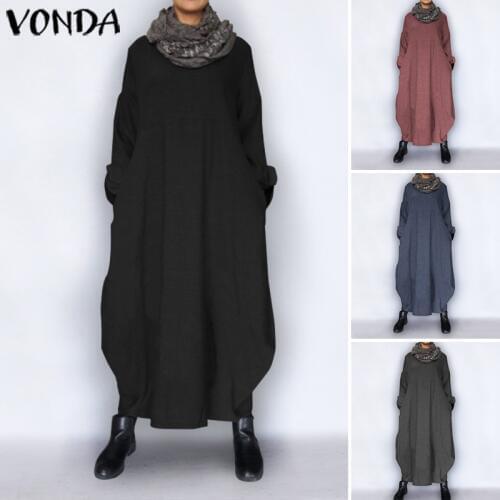 VONDA Plus Size Autumn Dress 2021 Vintage Sexy Long Sleeve Party Maxi Long Dress Casual Loose Vestidos Sundress Robe Femme S-5XL