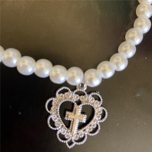 Pearl Chain Hollow Heart Punk Gothic Harajuku Court Cross Choker Necklace for Women Girls Shaped Pendant Retro Fashion Jewelry