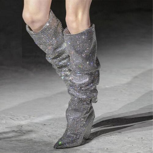KALMALL Bling Studded Crystal Thigh High Boots Winter Women Over-The-Knee Boots Pointed Toe Block Heels Women Motorcycle Boots