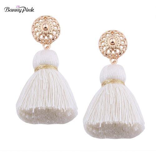 Ethnic Cotton Tassel Studs Earrings For Women Vintage Alloy Geo Pendant Post Earrings Fashion Jewelry Pendientes Chunky Earrings