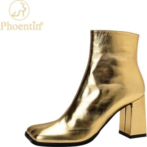 Phoentin Luxury Fashion chunky high heel Womens Ankle Boots Cow Leather sexy gold silver party Shoes winter short boot FT1678