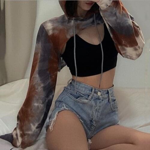Hoodies Womens 2021 Fall New Tie dye Printed Sweatshirts Tops Long Sleeve Oversized Crop Top Jumper Pullover Casual Streetwear