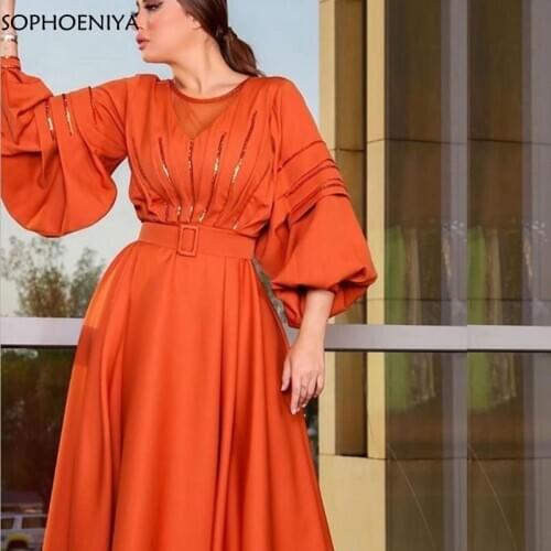 New Arrival Orange Long sleeve evening dresses 2021 Robe soiree dubai party dresses women evening gowns Robe longue