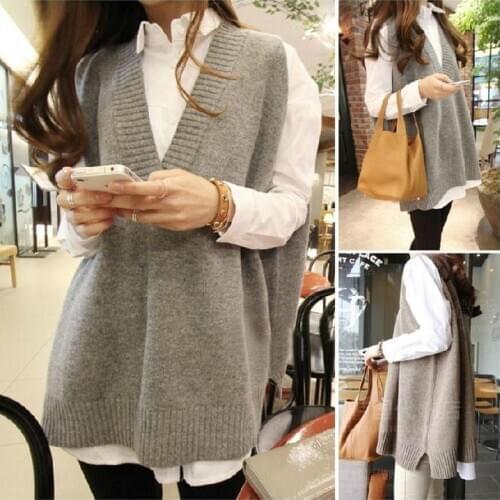 Spring and Autumn Knitting Vest Female Long V Collar Fork Wool Vest Jacket Loose Sweater Jacket Size Fall 2021 Women Clothing