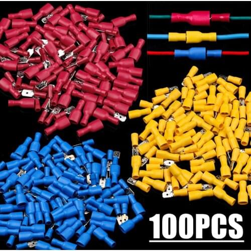 100PCS Insulated Female&Male Crimp Spade Terminals Butt Splice 6.3mm Electrical Wire Cable Connectors Wiring Cable Plug
