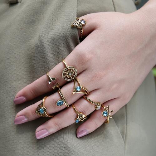 9pcs/set Boho Rings set Antique Blue Beads Midi Above Knuckle Ring Bijoux Women Shellhard Acessorios