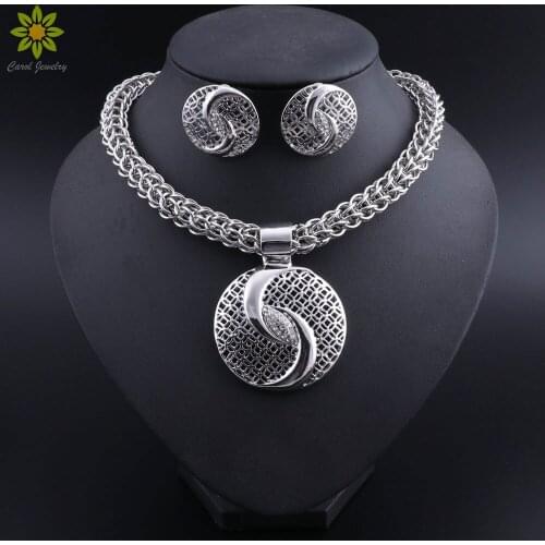African Beads Jewelry Set Indian Bridal Jewelry Sets Silver Color Party Costume Jewelry Round Women Necklace EarringsSet