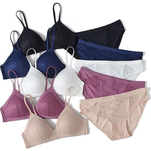 Seamless Soft Cup Girls Bra with Lace Cup Thin Small Breasts Bra and Panties Sets Wireless Underwear Women Lingerie S M L