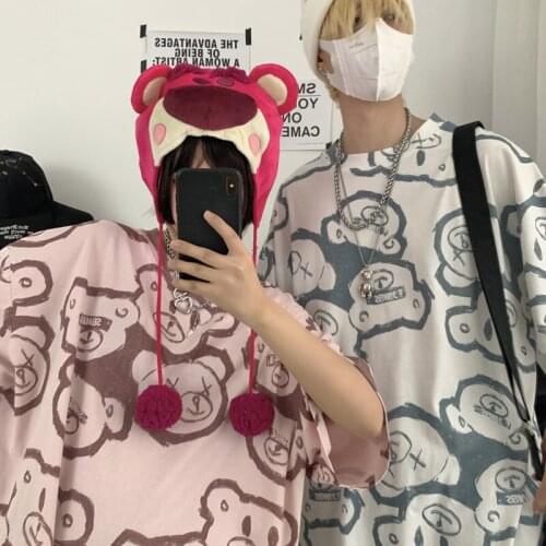 Maxxo Harajuku Bear Kawaii Short Sleeve T-Shirt 2021 Summer Vintage Couple Clothes All-Match Unisex Clothes Japanese Streetwear