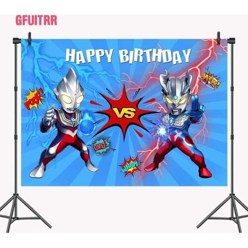 GFUITRR Cartoon Ultraman Photo Backgrounds Happy Birthday Photography Backdrops Custom Photo Booth Props Vinyl Polyester