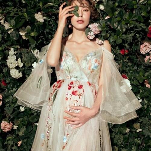 Kingbuy Women Photography Props Maternity Dresses Floral Sling V-neck Pregnancy Luxury Dress Studio Photo Shoot Photo Clothes
