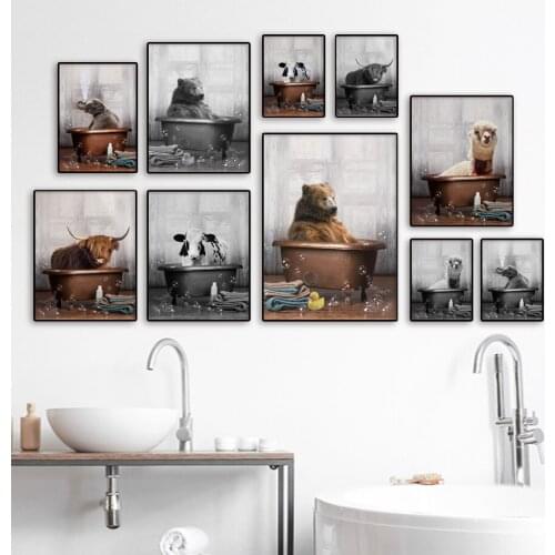 Wall Art Canvas Painting Bear Yak Alpaca Cow Elephant Shower Bathtub Nordic Posters And Prints Wall Pictures For Bathroom Decor