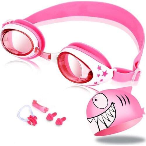 Swimming Goggles Silicone Nose Clip Ears Plug Shark Swim Cap Set Kids Boys Girls Anti Fog Eyewear Swim Glasses Children Age 3-12