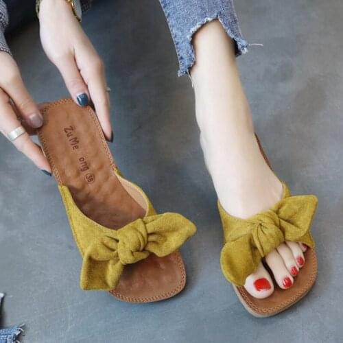 Soft Bottom One-word Sandals and Slippers, Womens Beach Flat-bottomed Beef Tendon Summer Fashion Bow Tie Wild Beach Slippers