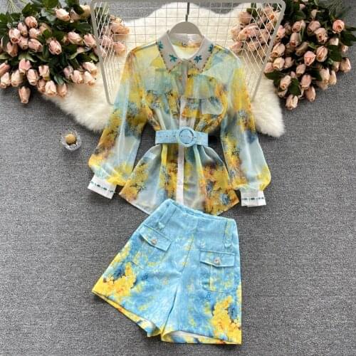 SINGREINY Women Summer Fashion Design Print Set Turndown-Collar Single Breasted Chiffon Blouse+High Waist Shorts Two Piece Suits