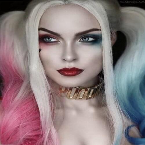 Melody Synthetic Lace Front Wigs Long Body Wave Blonde Ombre Half Blue/Half Pink Cosplay Party Hairstyle for Women Drag Queen