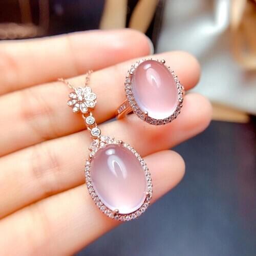 Natural And Real Rose Quartz jewelry set 925 sterling silver 1pc pendant,1pc ring