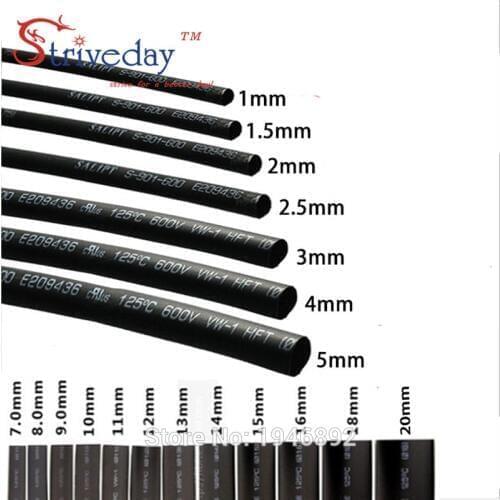 1m Black-1MM 2MM 3MM 4MM 5MM 6MM 8MM 10MM 12MM Assortment Ratio 2:1 Polyolefin Heat Shrink Tube Tubing Sleeving Wrap Wire Cable