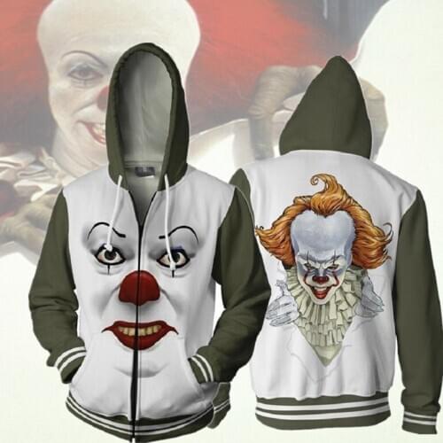 Movie Stephen King IT The Clown Pennywise Hoodies Cosplay Costume Men Women Cartoon Clown 3D printing Zip Up Hooded Sweatshirt
