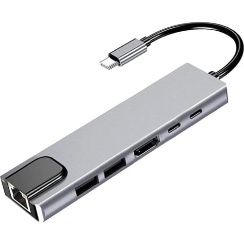 Type-C to HDMI-compatible/PD/RJ45/USB3.0 Hub 6-in-1 Aluminum Alloy USB-C Splitter Adapter Plug and Play