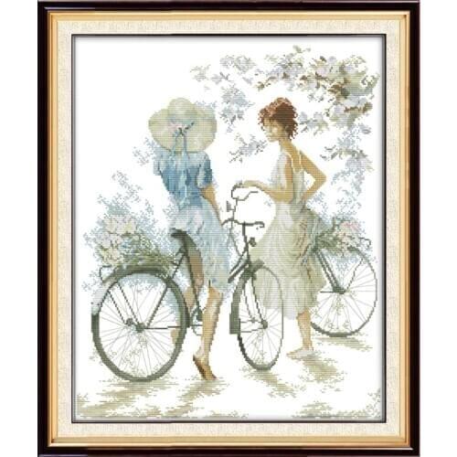 Bicycle Girl Simple Style Home Decor Chinese Printed Pattern Cross Stitch Kit Needlework DIY Handmade Cotton Thread Embroidery