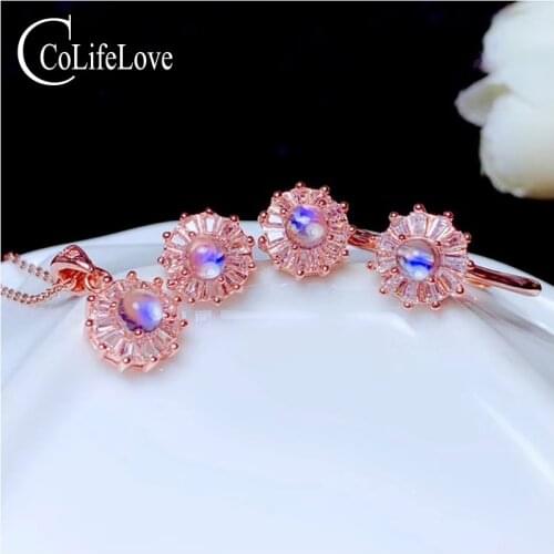 CoLife Jewelry 925 Silver Gemstone Jewelry Set 4mm Real Moonstone Jewelry Set for Young Girl Gemstone Ring Earrings Necklace Set